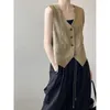 Women's Vests Linen Design V-neck Vest Autumn Trendy Sleeveless Single-Breasted Short Top