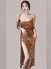 Casual Dresses Sexy Champagne Sequined Bling Shinny Spaghetti Strap Dress Women Summer Club Sparkling Side Spit Evening Party Prom Vestidos