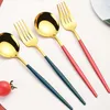 Servis uppsättningar sked set portugisiska bordsartiklar rostfritt stål bärbara tredelar gaffel pinnar koreanska