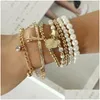 Chain 6Pcs Fashion Gold Color Link Pearl Beads Bracelet Star Mtilayer Beaded Bracelets Set For Women Charm Party Jewelry Gift 5483 D Dhlzt