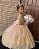 Belle balle filles robes en dentelle en or rose perles perles à demi-manches pour enfants robe de fête d'anniversaire fleur