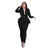 Kvinnors tvådelade byxor 2023 Formell uppsättning 2st Tracksuit Full Sleeve Ruffles Blazers Pencil Passar Två Office Lady Outfits Uniform 230815