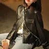 Women's Leather Faux Black Jackets Spring Autumn Rivet Biker Genuine Sheepskin Coats Fashion Streetwear CL4012 230815