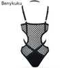 Damen -Jumpsuits Rolren Gothic Women Black Sheer Strick Net Mesh Sexy Badeanzug weibliche Kaufanzug Badeanzug Schwimmhalholter Strampler 230815