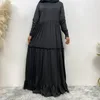 Ethnic Clothing Abaya Dubai Simple Fashion Round Neck Stitching Long-sleeved Wooden Ear Dress To Send Headscarf Muslim Women Dresses