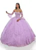 Vacker lila älskling quinceanera klänningar formella prinsessan party bollklänningar eleganta spetsar applicerade med långa flare ärmar plus size sweet 15 prom klänningar cl2721