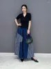 Kvinnors byxor koreansk stil lapptäcke stripe denim hög midja ankel längd jeans kvinnor sommar bred ben vaqueros de verano