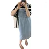 Casual Dresses Light Blue Demin Midi Overalls Women 2023 Spring Summer Sleeveless Cotton Dress Over Knee For Young Lady