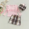 Clothing Sets Toddler Girls Spring Autumn Outfit Sets Pink Long Sleeve Tops Plaid Skirt Hat