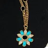 Ladies Vintage Ornate Necklace Blue Glaze Sunflower Pendant Metal Chain Copper Necklace Medium Antique Copper Jewelry