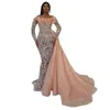 Glitter Lace Evening Dresses With Detachable Train Customize Off Shoulder Pearls Prom Dresses Arabic Dubai Party Gowns