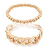 Link Bracelets 2pcs/set Charm Bracelet Women Stainless Steel Beads Golden Color For Girls Zircon Round