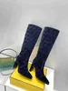 Boots 2023 High-heeled chenile boots Baguette women's boot square toe with blue and black jacquard motif Heel height 110 mm Ladies Fashion Design G230130