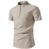 Męskie koszule swobodne bawełniana klamra bielizna pół plaket letni krótki rękaw stałe chiński w stylu mandarynki koszula 230815
