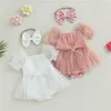 Robes de fille nouveau-né infantile bébé filles barboteuse robe à manches courtes arc tulle combinaisons d'été body avec bandeau vêtements