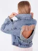 Damenjacken Denim Jacke Frauen hellblau Diamant Quastenmantel SingleBreast Open Rücken Frauen Jeans Herbst Modekleidung 230815