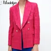 Damenanzüge Blazer Tweed Rose Rot Blazer Frauen Mode doppelte Bräuelen grüne Schichten Vintage Langarm V Hals Taschen Weibliche Oberbekleidung Chic 230815