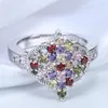 Cluster Rings Unique Silver Color Ring Rianbow Stone Crystal Round Face Lovers Gift Red Purple Green Champagne Pink Cz Zircon Fashion