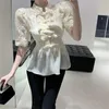 Blouses feminina Design vintage Camisa de renda 2023 Botões de estilo chinês de verão Mangas de ombros de mangas curtas de mangas de ombros de moda slim