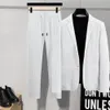 Mens Tracksuits Spring Summer Fashion Suit Men Blazer Pants Stripe Conts Lång ärm TurnDown Collar Jacket Drawstring Trousers For Wedding 230815