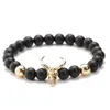 Strand Ashmita Bull Head Skull Men Armband 8mm Lava Stone Pärlor Charm Armband Matt Onyx Beaded Bangles smycken