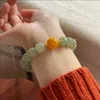 Link pulseiras naturais hetian jade verde redondo miçangas pulseira feminina jóias de pedra gemada fita feita à mão