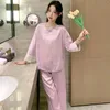 Women's Sleepwear O-Neck Women Two Piece Pajamas Set Lingerie Pink Satin Pijamas Top&Pant Sleep Suit Spring Autumn Home Clothes