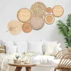 Decorative Objects Figurines 8pcs Natural Wall Basket Decor Boho Rattan Round Wall Decor Handmade Farmhouse Wall Hanging Decor for Bedroom Living Baby Room 230815