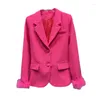 Kvinnors kostymer 2023 Autumn Rose Pink Blazer Kvinnor Elegant Feather Cuff Padded Shoulder Business Suit skräddarsydd kappa svartvit