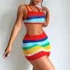 Two Piece Dress Knitted Striped Dress Two Piece Skirt Sets Summer Women Sexy Crochet Knit Mini Casual Dress Crop Top Y2K 2 Piece Set Outfit 230815