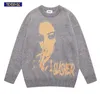 Men's Sweaters Hip Hop Streetwear Loose Sweater Men Knitted Gothic Pullover Harajuku Frayed Portrait Smoking Print 230815