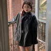 Women's Leather Vintage Lapel Drawstring Waist Faux PU Coat Spring Autumn Women Korean Loose Long Sleeve Biker Jacket Streetwear Black