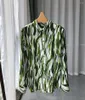 Women's Blouses Women Green Watercolor Printing Silk Blouse Shirt Top With Long Sleeve