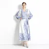 Designer Robe Lantern Sleeve Belted Side Bow Wrap Maxi Dress 2023 Women V-Neck Slim Vintage Paisley Floral Party Long Dress Vacati255i