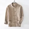 Men's Casual Shirts Chinese Style Cotton Linen Shirt For Men Loose Breathable Skin-Friendly Long Sleeve Stand Collar Double Pockets Tops