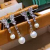 Dangle Küpeler Yeşil Bow Pearl Kadınlar Abartılı Barok Vintage Pubsel Uzun Kelebek Ziyafet Parlak İnce Mücevherat