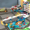 Dascast Model Electric Rail Car Dinosauriergebäude Parkplatz Abenteuer Rennspielzeug Kinder Gehirn mechanisch interaktiv 230815