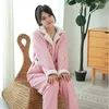 Mulher para dormir de inverno espessado Casmere feminino pijama lapela calça de manga longa terno de flanela roupas de casa confortáveis