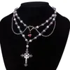 Chains Victorian Gothic Crossed Rosary Necklace With Chain Charm Handmade Sacred Imitation Pearls Beaded Multilayer