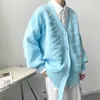 Herrtröjor överdimensionerade blå kofta tröja koreansk trend design asymmetriska handduk broderi lös enkel bröst v krage sväkt 230815