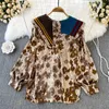 Women's Blouses Autumn Fashion Doll Collar Stitching Contrast Color Knitted Shawl Loose Long-sleeved Single-breasted Printed Shirt Weste