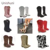 Boots Unishuni Spring herfst laarzen voor meisjes kinderen High Heel Bling Glitter Boot Knie High Western Cowboy Boot met Zip Fashion Shoe J230816