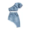 Set di abbigliamento Set di vestiti in denim per ragazze Tinta unita Manica corta Top corto con spalle scoperte Gonna con orlo irregolare