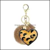 Keychains Lanyards Creative Tassel Heart Pompom Keychain Small Gift Rhinestone Leopard Print Flanell Unique Pu Leather Love Style Im Dhtlz