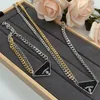 Women Chain Necklace Bracelet Set 18K Gold Plated 925 Silver Classic Triangle Pendant Letter Engraved Personalized Stainless Steel Skeleton Jewelry Accessories