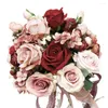 Wedding Flowers Artificial Pink Silk Rose Bouquets voor bruid bruidsmeisje nep vasthouden met lintkerk thuisdecoratie