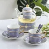 Mugs Creative Teapot Bone China Coffee Cup Mug Saucer Set Handpainted Striped Ceramic English Afternoon Tea Drinking 230815
