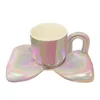 Muggar Creative Ceramic Milk Cup Cute Bowknot Shape Dessert Plate Pearl Gradient Rainbow Handle Coffee Mug Star Spoon Home Tea Set 230815