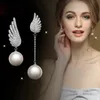 Moda Lady Angel Wings Crystal sztuczna perła wisiorek Asymetryczne kolczyki