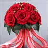 Bröllopsblommor Brudbukett Flower Chinese Red Creative Bridesmaid Hand med bandrekvisita 15 PCS Rose